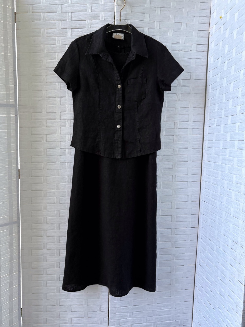 Vintage Studio Ease Linen 10P Sleeveless Sheath Dress with Button Jacket Black